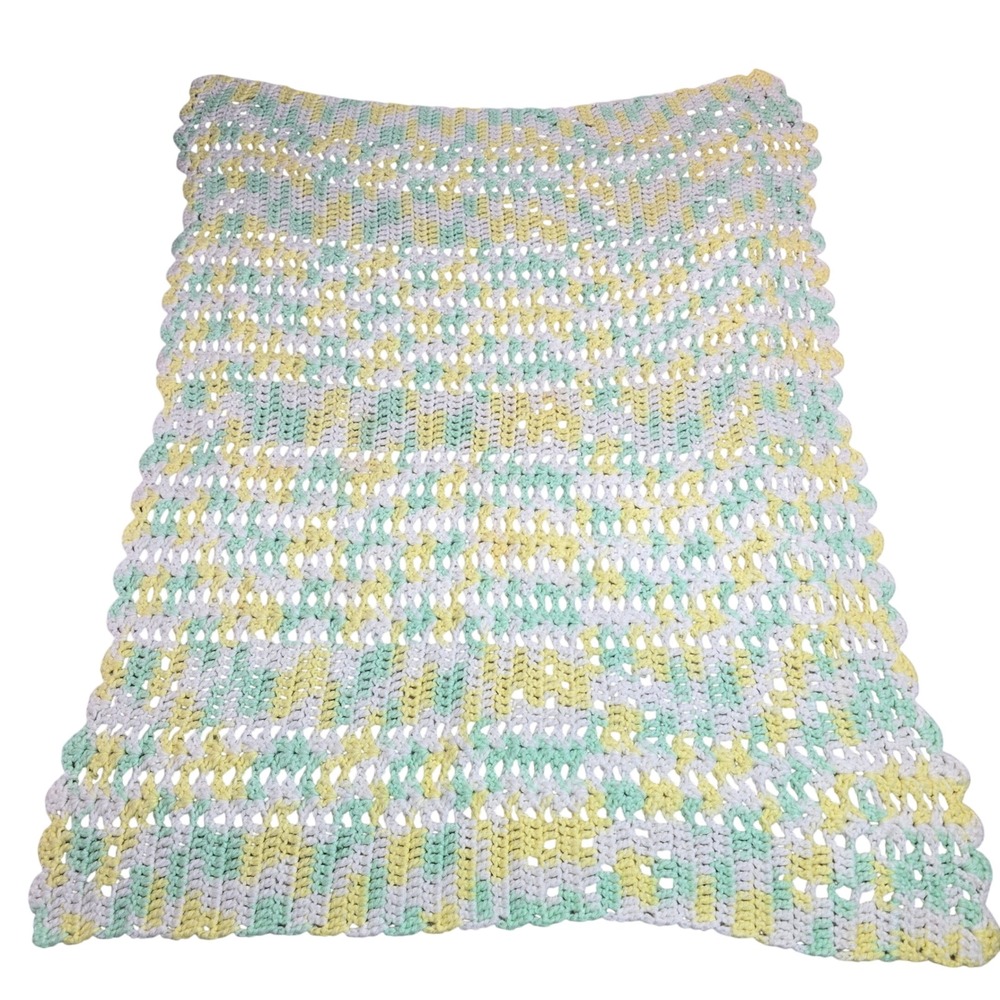 Handmade Crochet Baby Blanket Pastel Yellow Mint Green White Afghan 37x28